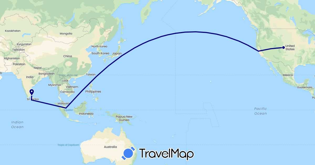 TravelMap itinerary: driving in Sri Lanka, Singapore, United States (Asia, North America)